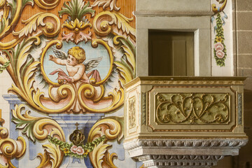wall covered with azulejos of religious inspiration inside the church of Valega district of Aveiro, Portugal