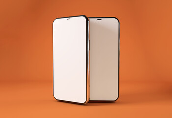 Two smart phone with blank screen on orange background