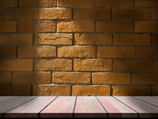 Empty room interior wood table gray dark brick floor with copy space for add text presentation.wooden floor perspective. can montage display or deiting put product on wood and text on background.