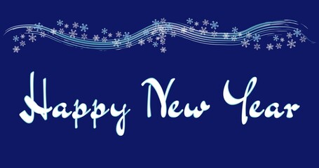 Happy New Year text. New Year banner with snow swirl and snowflakes. Horizontal blue winter banner. Xmas vector illustration for greeting card, flyer, invitation, poster, banner, calendar. Copyspace