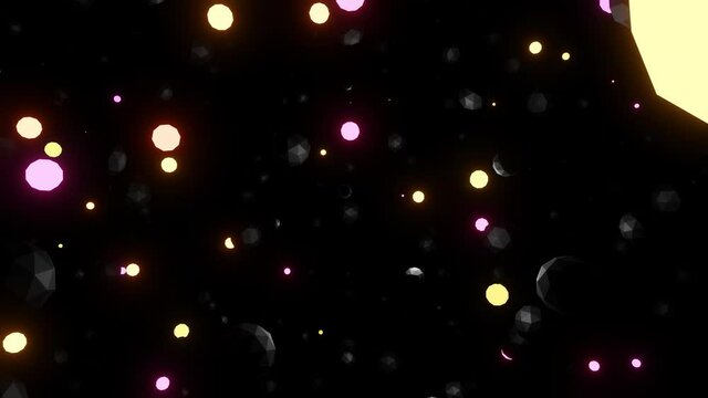 abstract festive background with multi-colored spheres placed on a plane and flash neon lights randomly in the dark. Loop beautiful bg in 4k. Neon bulbs for show or events, exhibitions, festivals