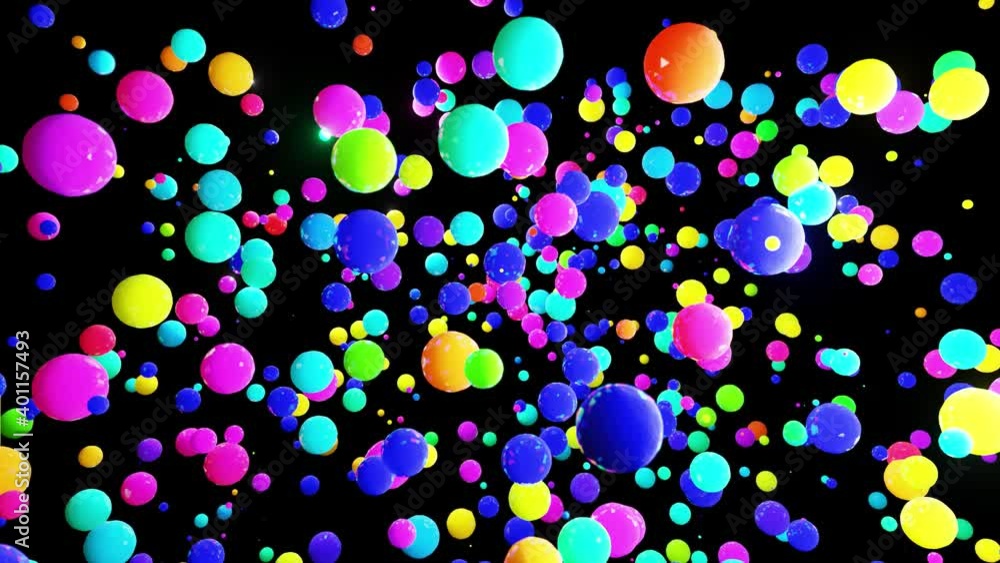 Poster abstract festive background with cloud of spheres flashing neon light randomly. multi-colored balls 