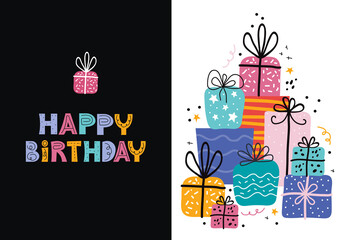 Birthday greeting cards design in vector. Bday holiday banner template with happy birthday typography. Pile of gifts box and different graphic elements. Hand drawn doodles in Scandinavian style