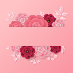 Valentine's day label with empty space for text template decorated with paper style leaf and flower. Realistic pink vector design.