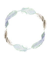 Watercolor wreath of feathers. Hand-drawn boho. printing for wedding card, invitation, poster, packaging, Wallpaper, fabric