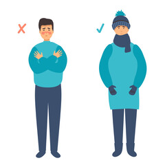man froze. Frostbite concept banner. Cartoon illustration of frostbite vector concept banner. the man is cold and the man is warmly dressed. flat design. for infographic.