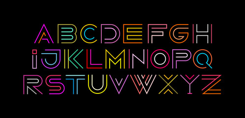 Typeface design featuring the letters of the alphabet from A to Z. Neon colors isolated on a black background Decorative Line Art Font vector illustration.