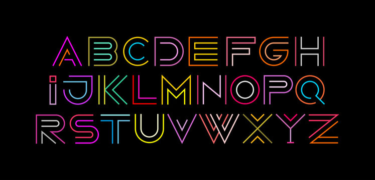 Typeface design featuring the letters of the alphabet from A to Z. Neon colors isolated on a black background Decorative Line Art Font vector illustration.