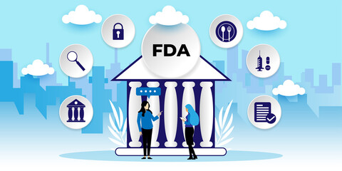 Fototapeta na wymiar FDA Food and Drug Administration. Certified Control Department Nutrition Drugs Concept With icons. Cartoon Vector People Illustration