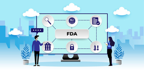 FDA Food and Drug Administration. Certified Control Department Nutrition Drugs Concept
With icons. Cartoon Vector People Illustration