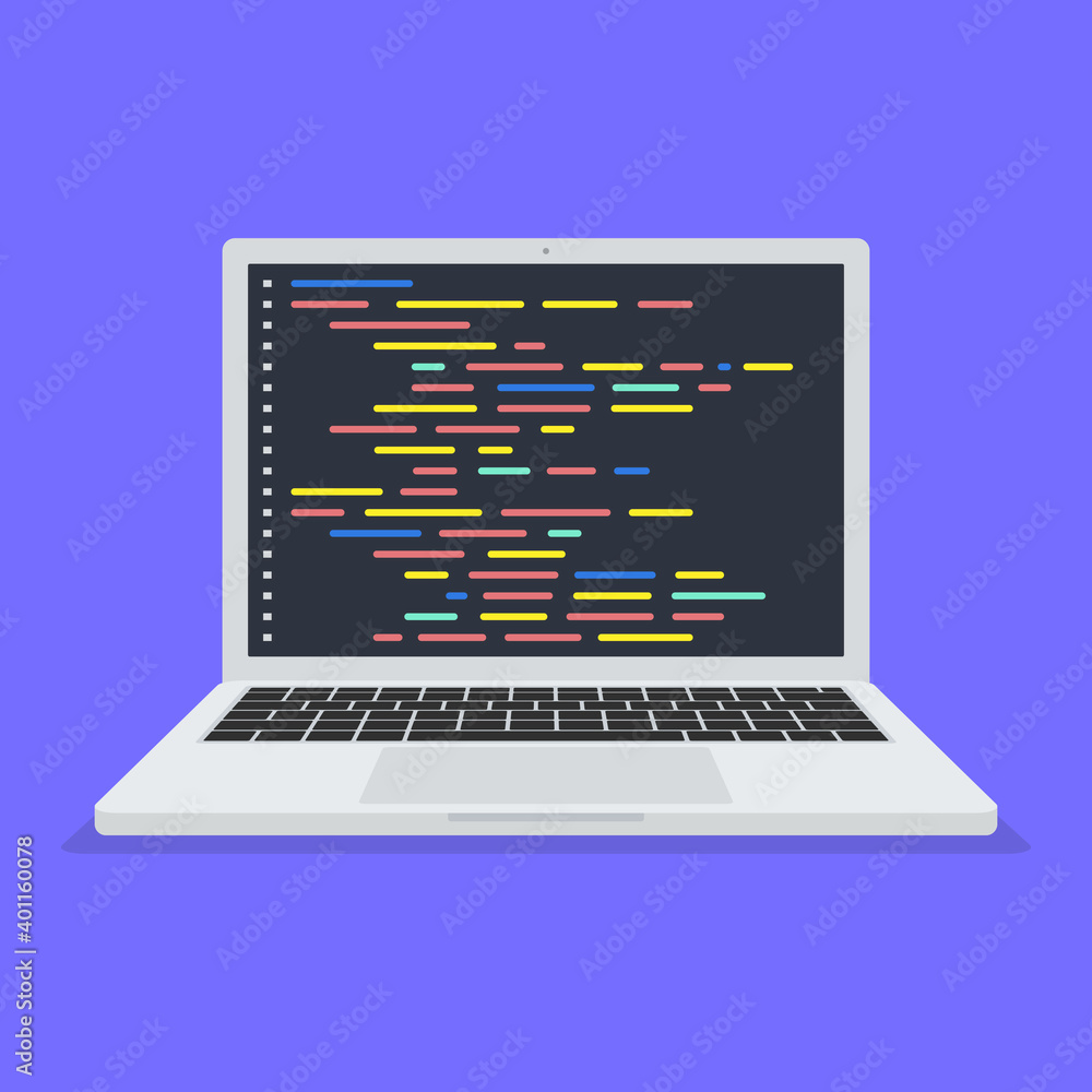 Poster laptop coding concept. web developer, design, programming. laptop screen code. vector stock illustra