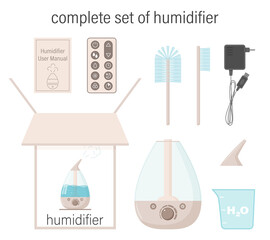 Complete set of humidifier. Box, instructions, container, lid, brushes, electric cord, control panel. A set of elements on the theme of the mist diffuser. Vector illustration. Isolated on white.