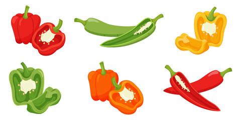 Set of sweet peppers. Whole peppers, halves with a sprig, and a quarter cut. Cut off half in a cross section. Food, vegetable in flat style. Isolated vector illustration on a white background.