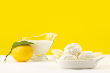 Ice-cream and lemon in studio