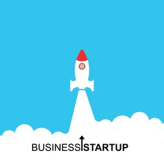 Business startup launch concept, flat design, rocket icon isolated on blue background. Vector illustration