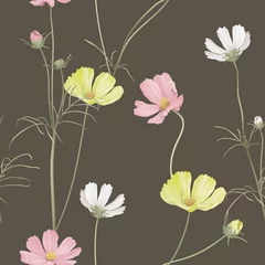 Poster Floral seamless pattern, various cosmos flowers with leaves on dark brown © momosama