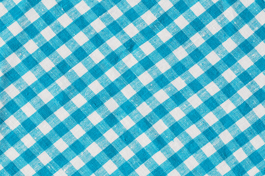 Old Retro Classic Design Linen Plaid Fabric Tablecloth. Abstract Background, Blue And White Colors.