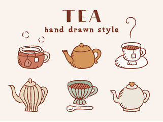ティーカップとティーポットの手描きイラストのセット／紅茶／おしゃれ／ティータイム／コーヒー／カフェ
