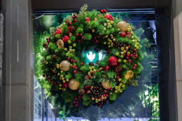 Fototapeta na wymiar Handmade Christmas wreath hanging on the glass door