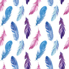 Seamless pattern bird feathers, watercolor illustration