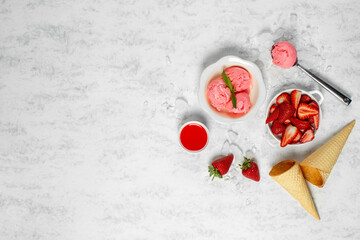 Strawberry ice-cream and strawberry in studio