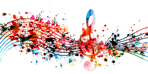 Colorful musical promotional poster with musical notes isolated vector illustration. Artistic background with musical staff for live concert events, music festivals and shows, party flyer template