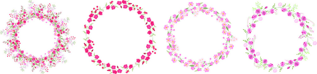 Set with round floral wreathes. Roses and romantic wild flowers on white background.