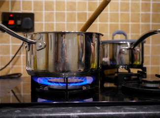 Pan on top of a gas burning hob