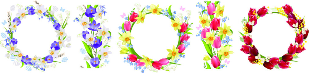 Set with floral frames. Crocuses,daffodils and tulips on white background. Endless vertical borders and round wreaths.