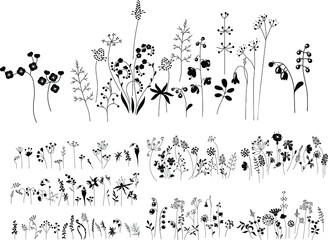 Detailed contour wreath with flowers and herbs isolated on white. Round frame for your design, greeting cards, wedding announcements, posters.