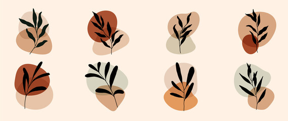 Botanical wall art vector set. Earth tone boho foliage line art drawing with  abstract shape.  Abstract Plant Art design for wall framed prints, canvas prints, poster, home decor, cover, wallpaper.  © TWINS DESIGN STUDIO