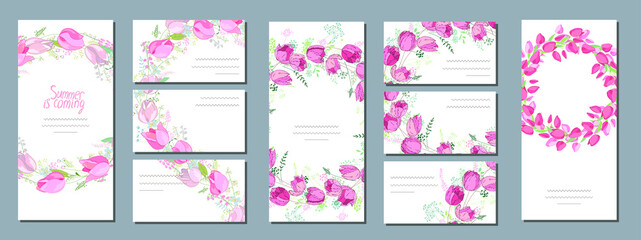 Floral spring templates with cute flowers. For romantic and wedding design, announcements, greeting cards, posters, advertisement.