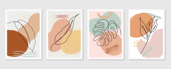 Botanical wall art vector set. Earth tone boho foliage line art drawing with  abstract shape.  Abstract Plant Art design for wall framed prints, canvas prints, poster, home decor, cover, wallpaper. © TWINS DESIGN STUDIO