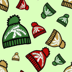 Seamless pattern with hand-drawn winter hat in red color with doodle sprig.