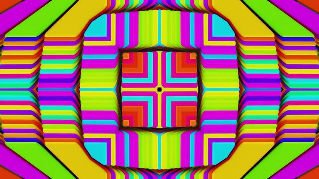 Abstract symmetrical composition, 3d elements light up like bulbs with multicolor neon light. Looped bg for show or events, exhibitions, festivals or concerts, music videos, DJ or VJ for night clubs.