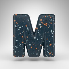 Letter M uppercase on white background. 3D letter with blue terrazzo pattern texture.