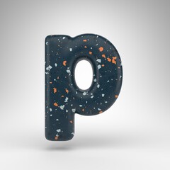Letter P lowercase on white background. 3D letter with blue terrazzo pattern texture.