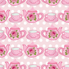 Cute pink tea pot and cup vintage seamless pattern