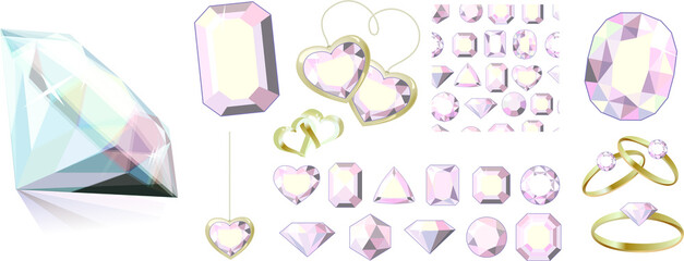 Different jewels isolated on white background. Diamonds and gold