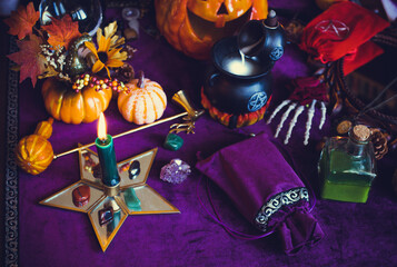 Prediction concept. Old magic, Tarot cards and divination, fortune telling scene