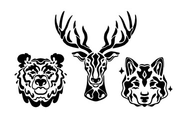 Illustration wild vector silhouette.isolated deer bear wolf. hand drawn print for t-shirt.grizzly style tattoo predator.Symbol head of animal.