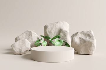 Stone product display podium with nature leaves on brown background. 3D rendering - obrazy, fototapety, plakaty