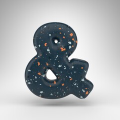 Ampersand symbol on white background. 3D sign with blue terrazzo pattern texture.