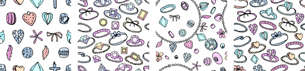 Seamless patterns with stylized rings for young women. Black contour, white background, pink,blue and yellow color. Endless textures.
