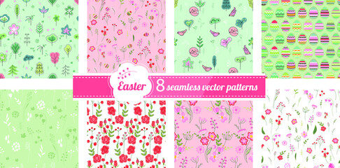 Seamless patterns with stylized cute trees and birds. Endless texture for announcements, greeting cards, posters, advertisement.
