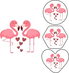 Set of flamingos symbol. With hearts. Vector art illustration.
