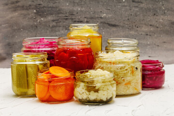 Assorted of fermented vegetables in glass jars