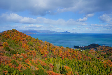 Naklejka premium 晩秋の山肌と瀬戸内海 香川県さぬき市から小豆島方面を撮影