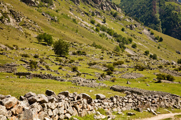 Mountain road at noon. Beautiful mountain landscape with stones at the foot of the ridge. The concept of the development of nature and sustainable development.
