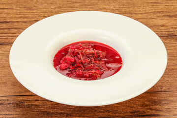 Russian traditional Borsch soup with cabbage